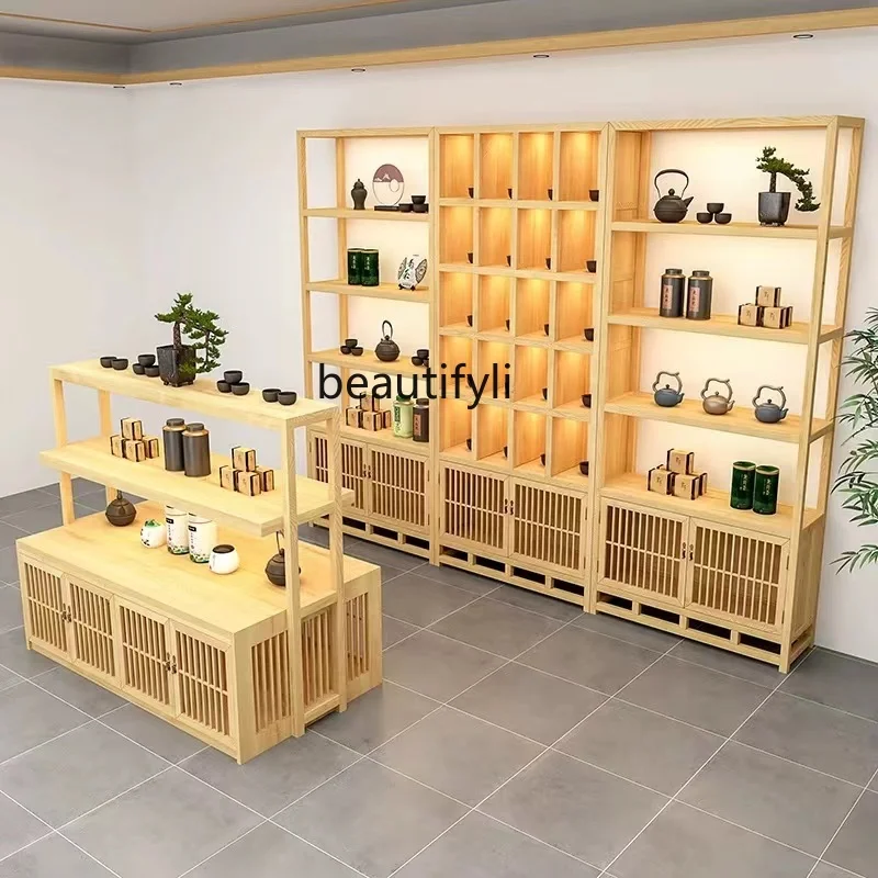 Massief Hout Retro Zhongdao Showcase Theekast Dubbelzijdig Display Plank Multi-Layer Display Rack