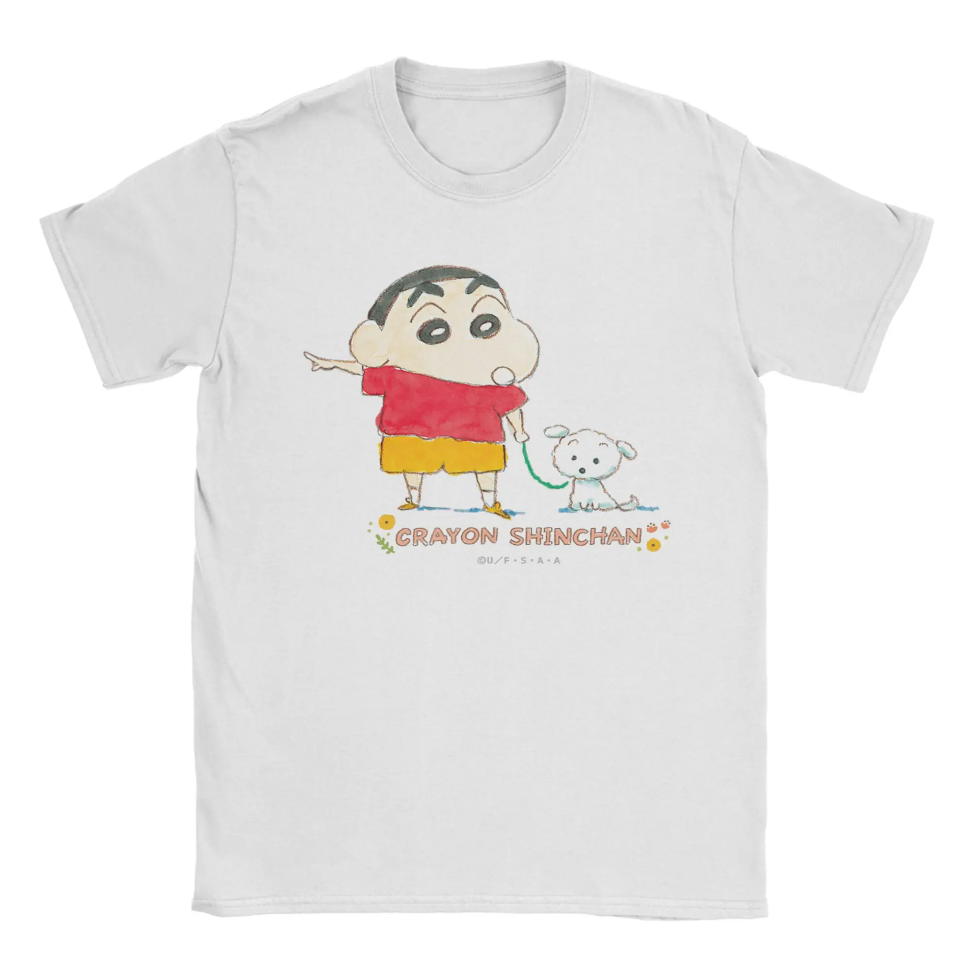 Novelty Crayon Shin chan Shin chan and Shiro Over there T-Shirt Men's 100%Cotton Short Sleeve  Round Neck Summer Clothes