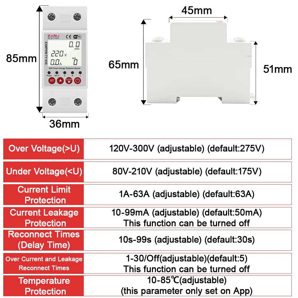 63A Tuya Smart WiFi interruttore interruttore BI-direzione misurazione perdite di terra protezione da sottotensione misuratore di potenza energetica