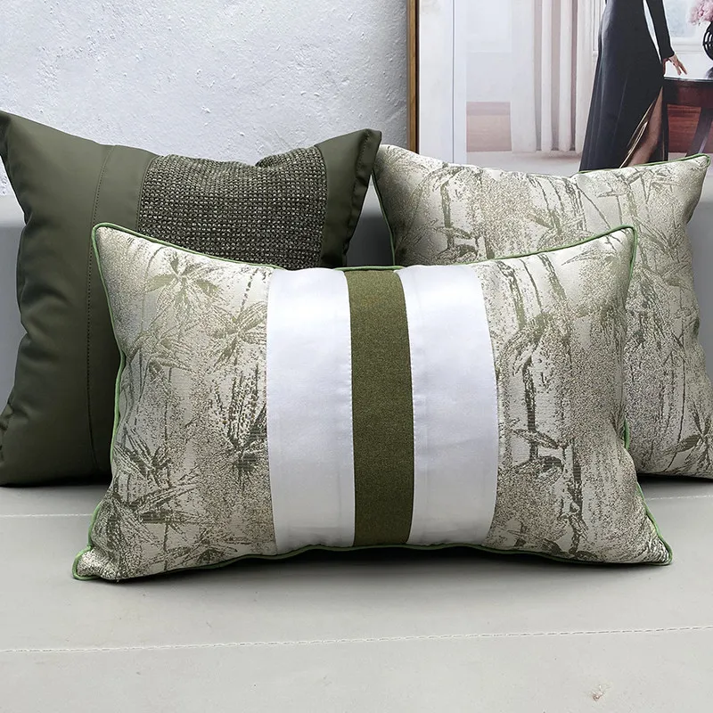 Simple Plant Jacquard Pillowcase Cushion Cover Rectangular Green Color Pacthwork Pillow Cover for Living Room