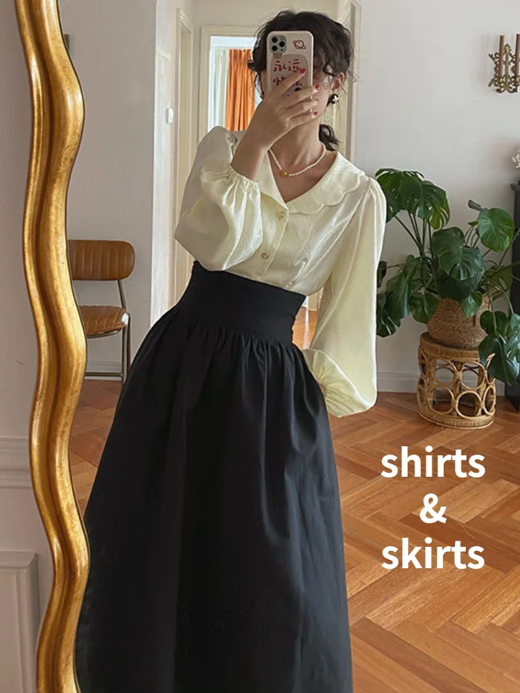 Women Sets Pleated Retro Shirring Bandage Skirts Autumn Ladies Elegant Shirts Midi Daily Special Simple Korean Style Trendy New