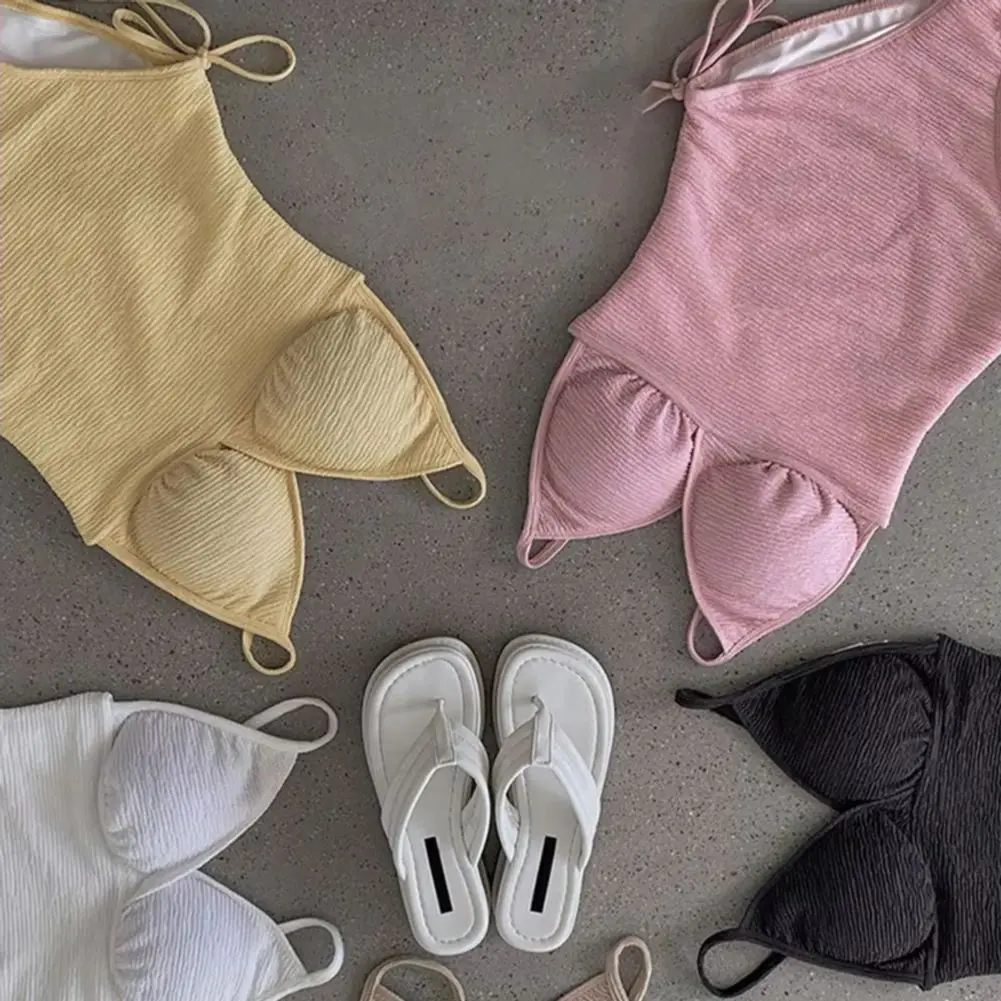 2025 Women Monokini V-Neck Sling Side Drawstring One-Piece Bikini Solid Color Slim Fit Quick Drying Figure-flattering Swimsuit
