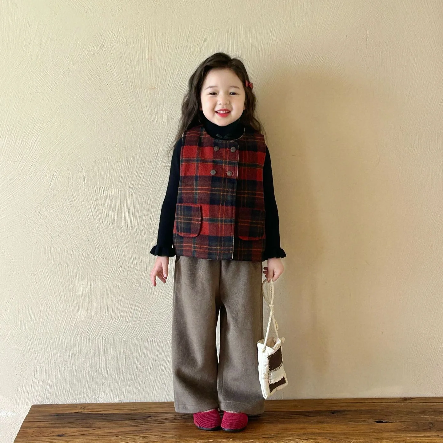 2024 Winter New Children's Clothing Korean Version Children's Clothing for Girls with Fleece Plaid Vest Kindergarten Winter Vest