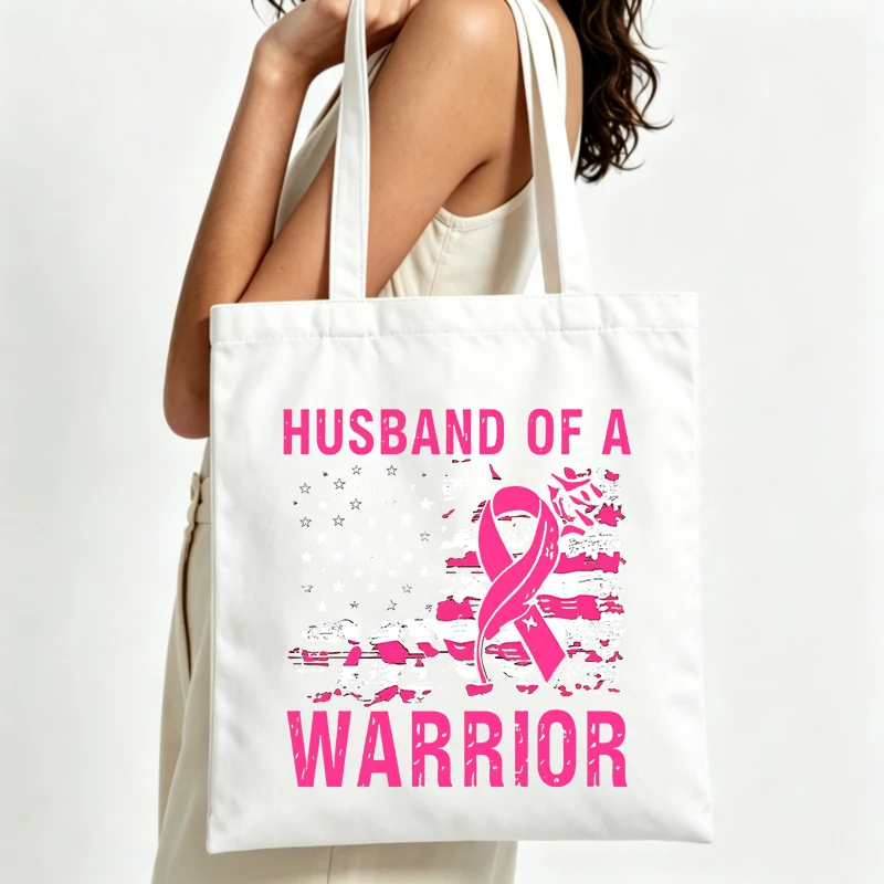 breast cancer awareness ribbon print canvas tote bag, casual style for daily use and support events