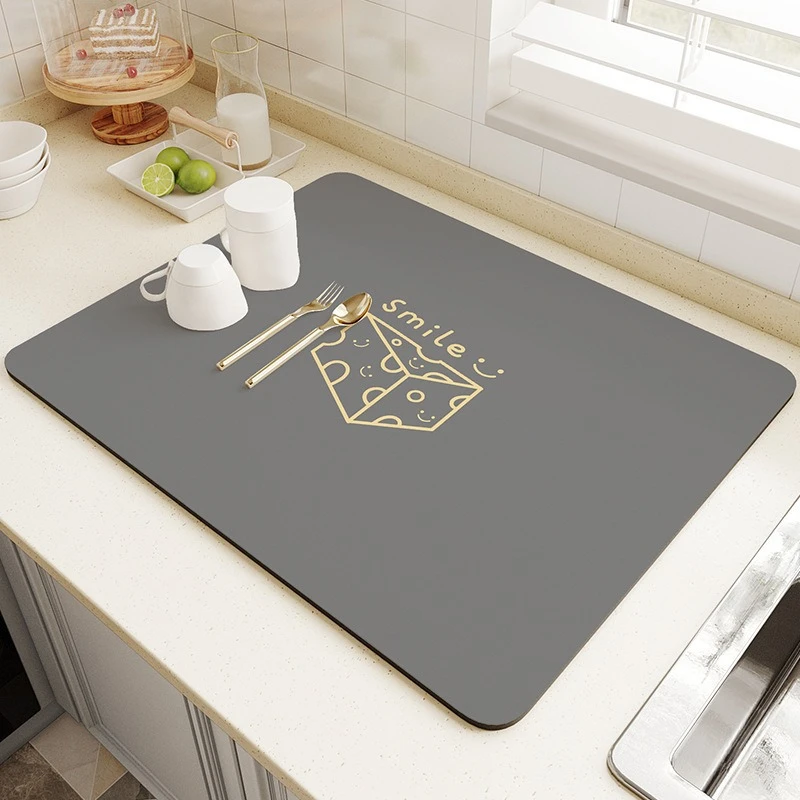 VIKAMA Kitchen Drain Mat Grey Gold Cheese Smile Funny Dish Drying Mat Water Absorbent Quick Dry Anti Slip Soft