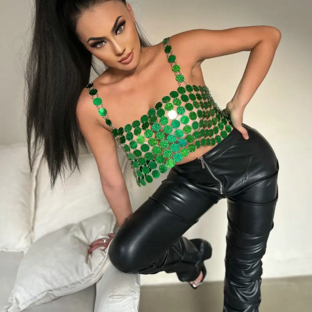 

Женский сексуальный слинг с лазерной резкой, зеленый жилет с росой, топ для ночного клуба Y20398, модная повседневная куртка без рукавов