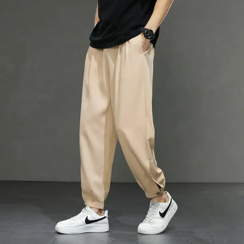 

Men's 2024 Summer New Ice Silk Splicing Elasticized High-waisted Pocket Fashion Solid Color Loose Straight Sports Leisure Pants