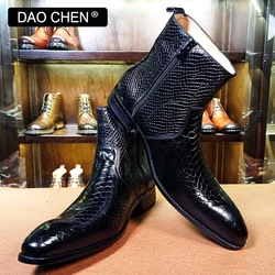 LUXURY MEN BOOTS BLACK COFFEE SNAKE PRINT ZIP ANKLE BOOTS CASUAL MENS DRESS SHOES WEDDING OFFICE REAL LEATHER BOOTS MEN