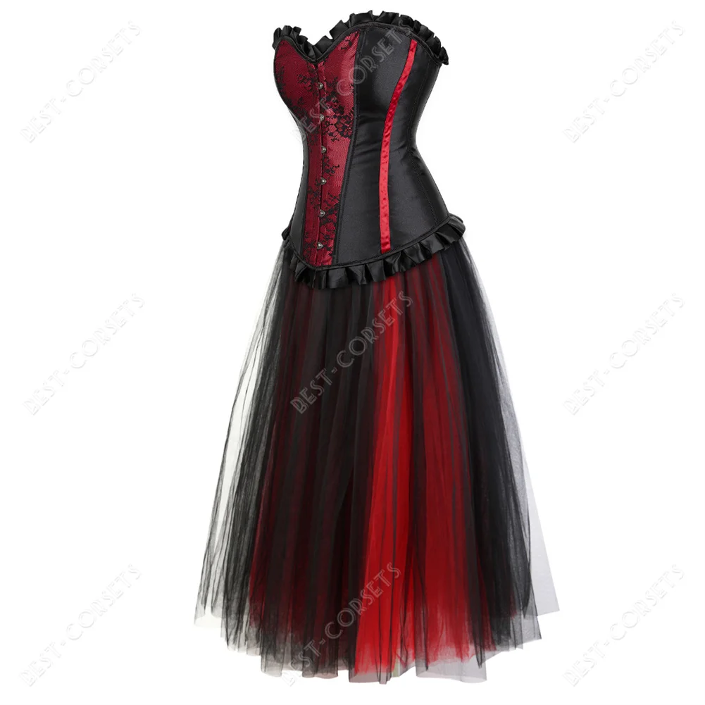 Red Corset With Dress Sexy Corset Dresses for Women Plus Size Gothic Corset Skirt Party Evening Mesh Maxi Dress with Corset