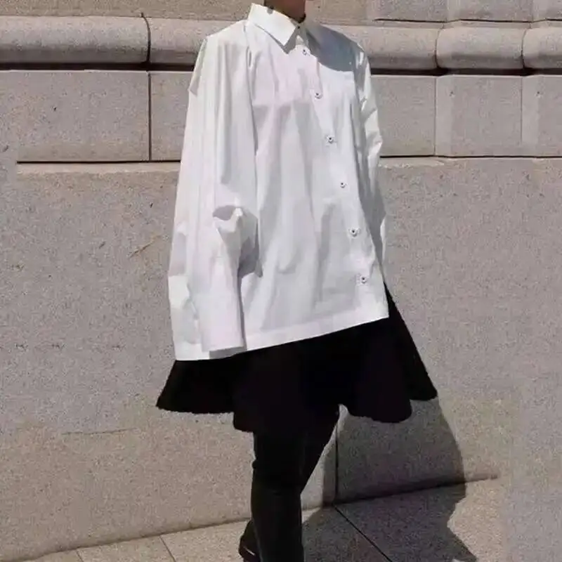 

Fashion 100% Cotton Silhouette Shirt Lapel Long Sleeves Single Breasted Loose Navy Blue Blouse New white Shirts Women Tops