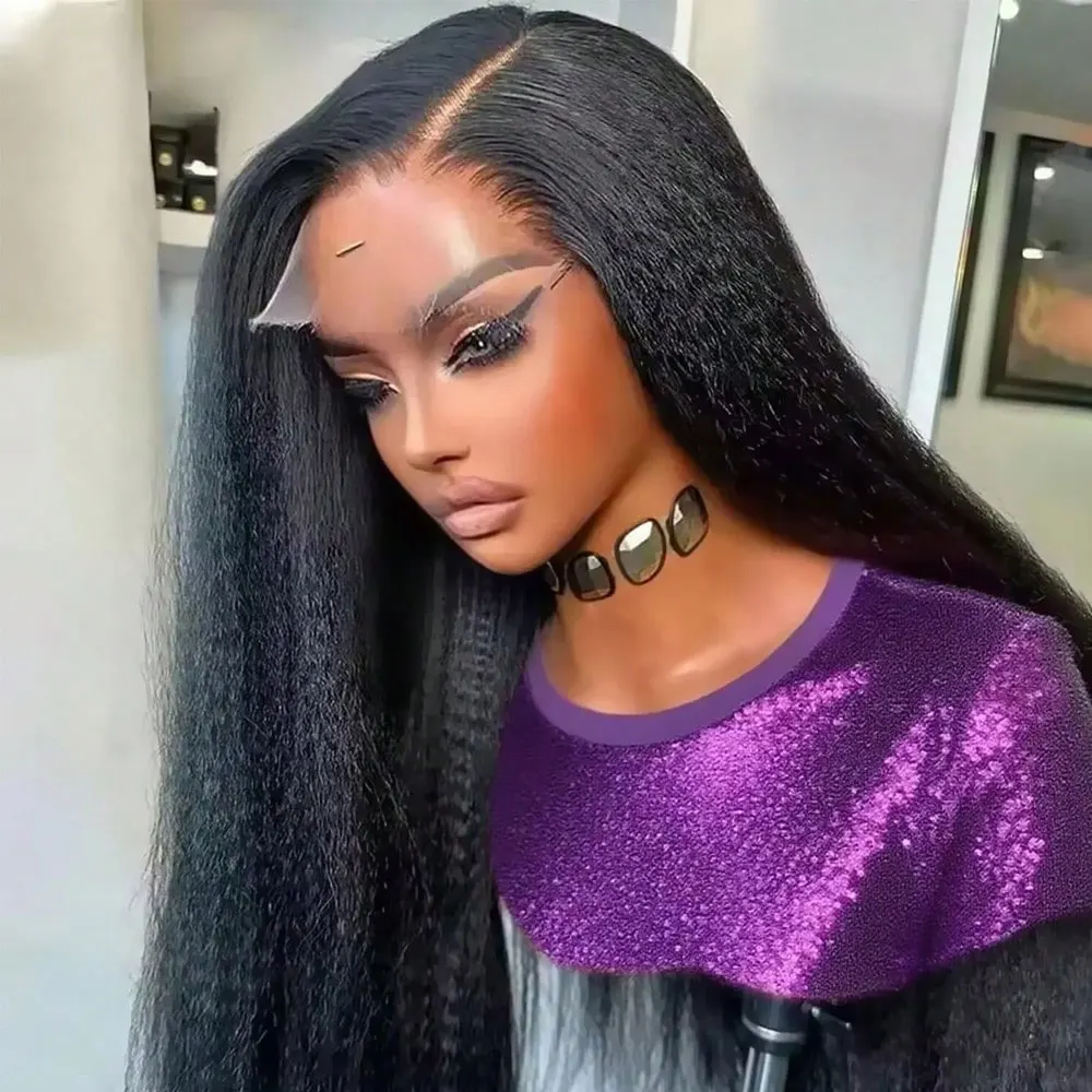 

40 42 Inch Kinky Straight Lace Front Wig Pre Plucked Yaki Straigh 13X4 HD Lace Frontal Wig Curly Human Hair Wigs For Women