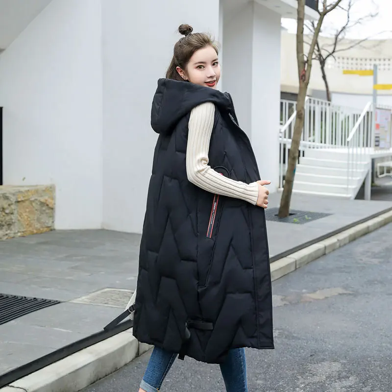 #0767 Black Green Beige Hooded Sleeveless Jacket Women Warm Long Vest Coat Female Zipper Thick Korean Style Waistcoat Winter