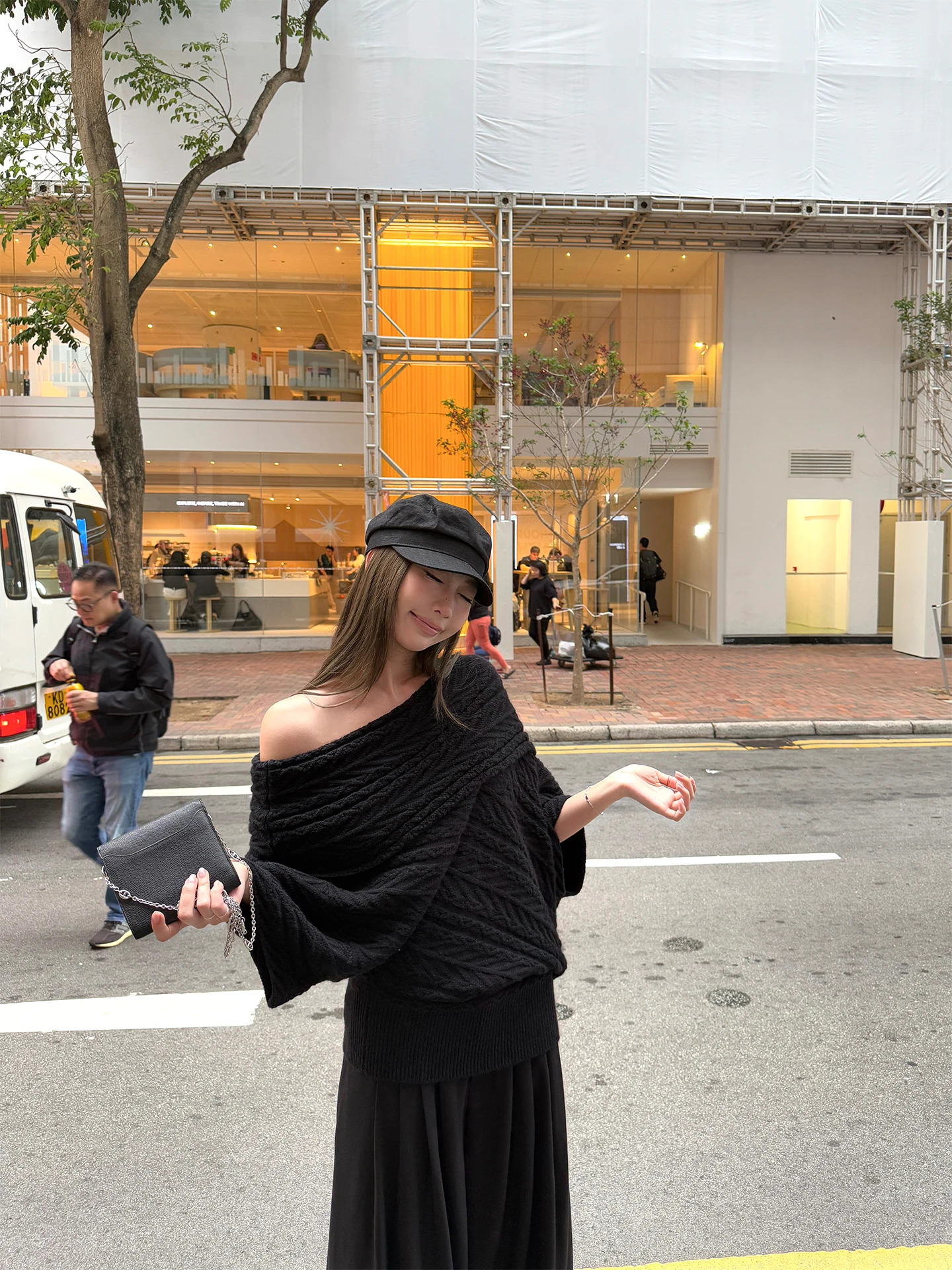 

Black Knitted Irregular Shoulder Women's Sweater Early Spring Design Slimming Shoulder Top Asymmetric Simple Style
