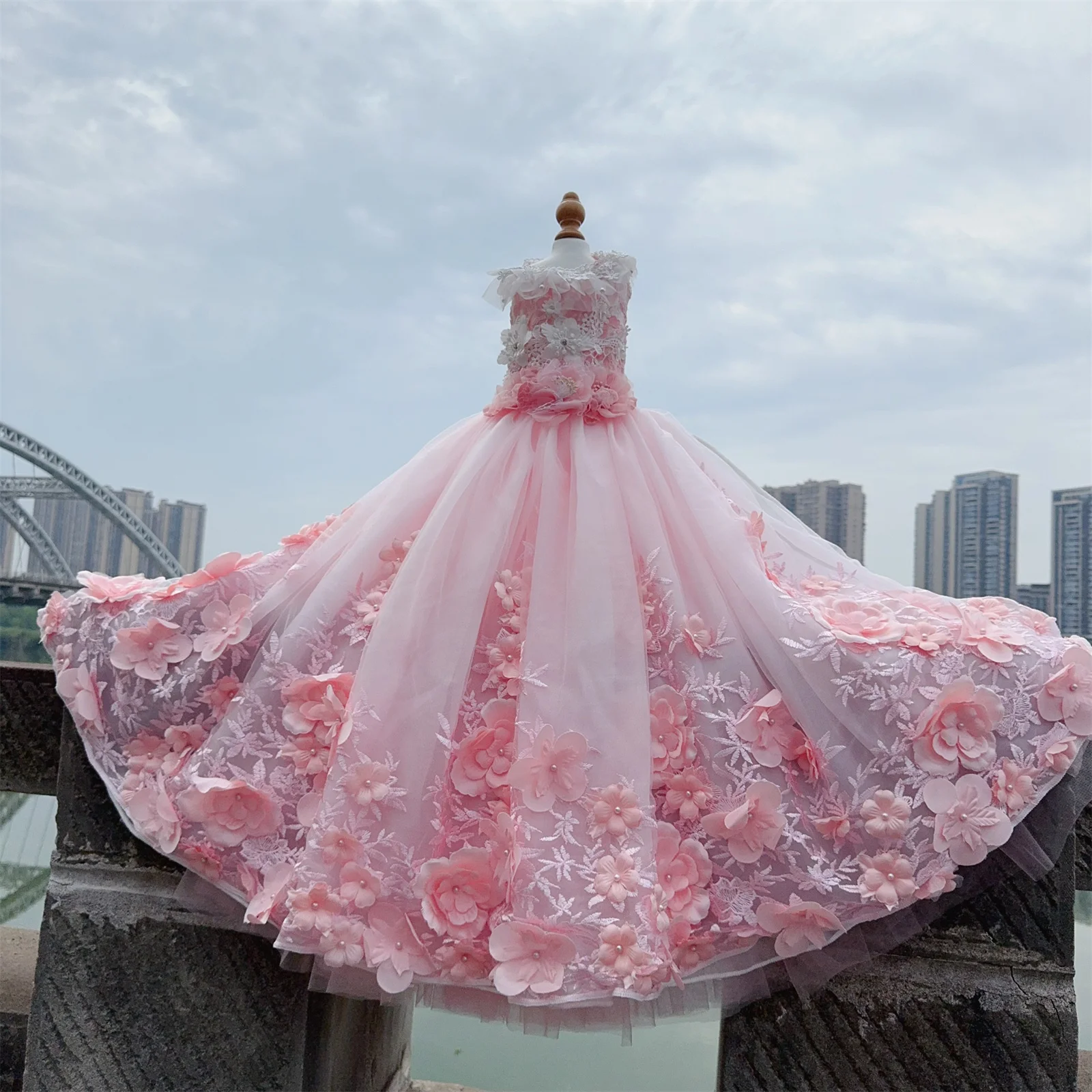 

Luxury Handmade Dog Wedding Dress Pink Gown with 3D Flower Embroidery Skirt Unique Design Princess Pet Evening Party Outfit