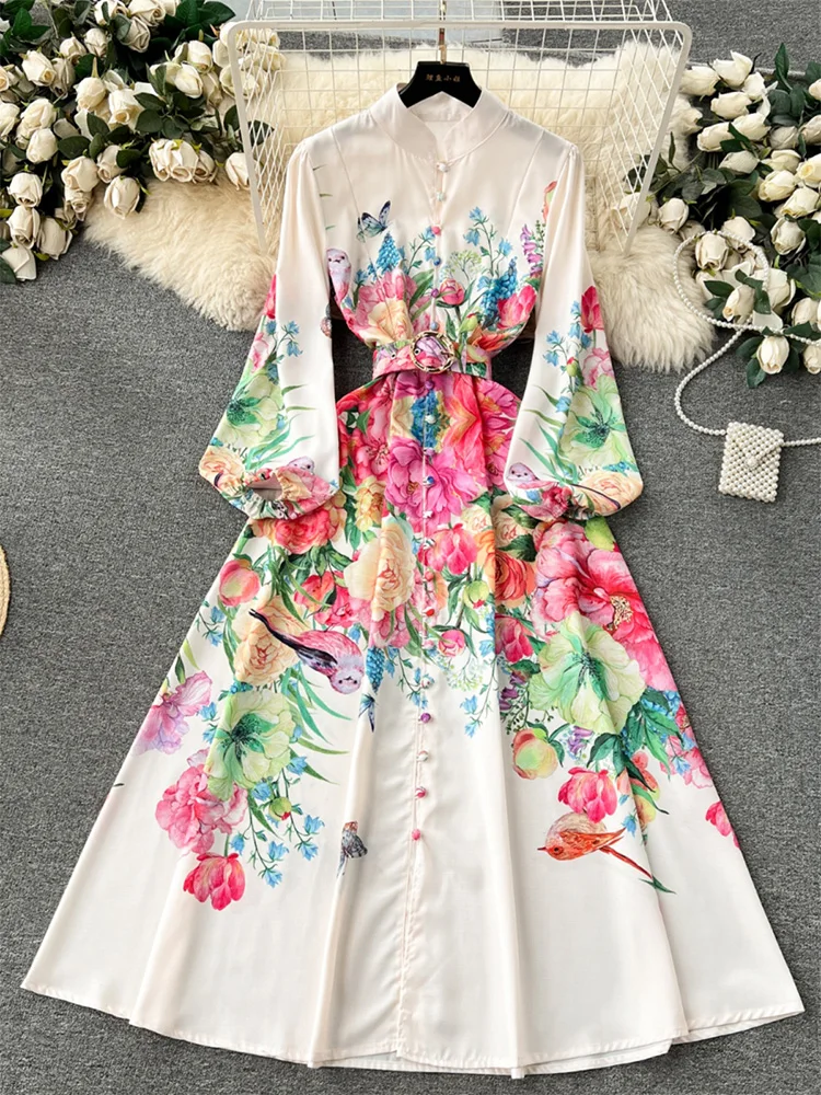 Holiday Elegant Vintage Floral Print Long Dresses For Women Stand Collar Front Buttoned Long Sleeve Party Maxi Dress With Belt