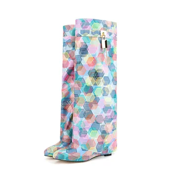 女性のための厚底ウェッジヒールブーツ,ヨーロッパとアメリカのブランド,膝の長さ,サイドジッパー,2023