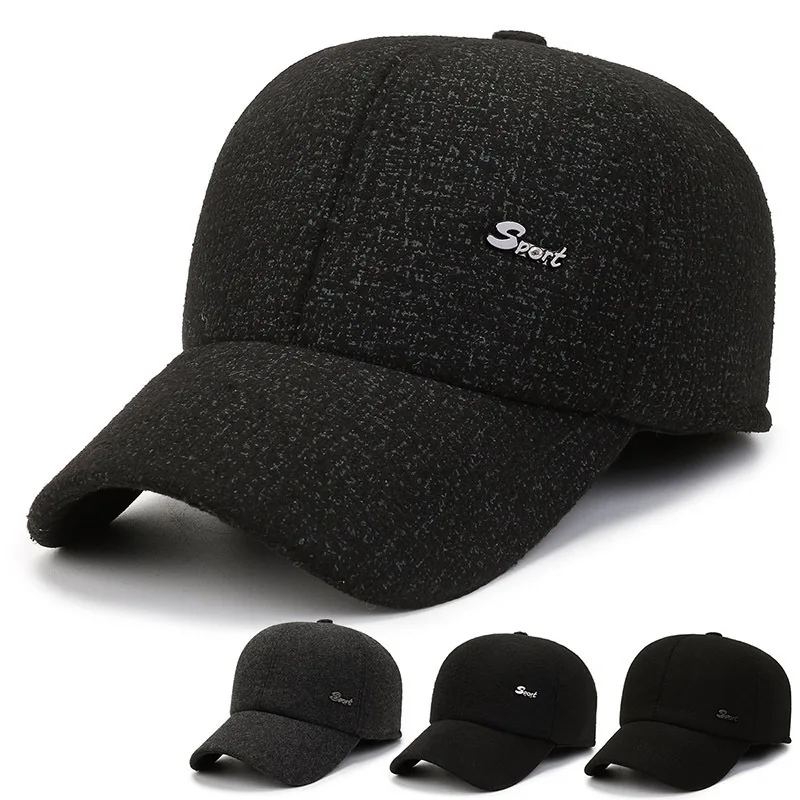 Winter Wool Cap for Men, Thickened Anti-Cold Baseball Hat with Ear Flaps for Dad and Grandpa