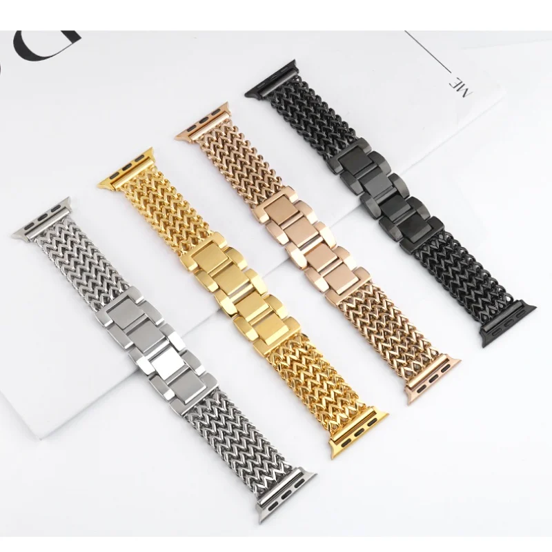 

For metal watch strap buckle chain stainless steel bracelet watch band for apple watch series 7 6 5 strap