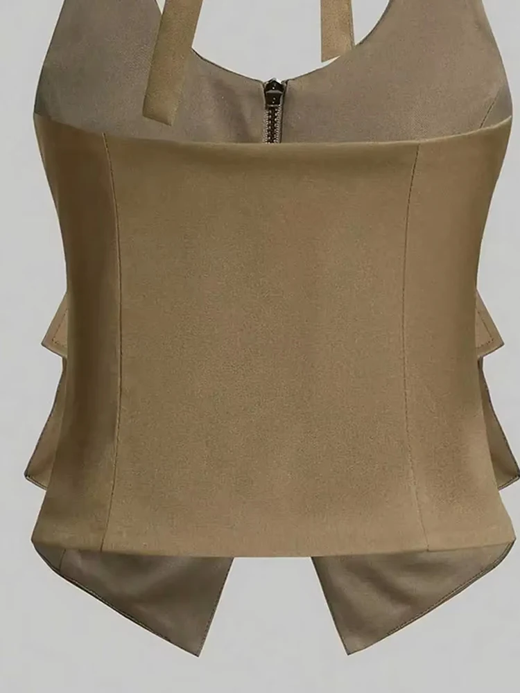 Regatas sem costas com bolsos para mulheres, zíper frontal, gola halter, laço amarrado, camis femininas, sexy, moda