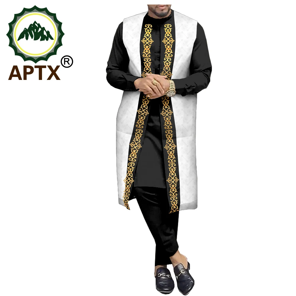 APTX African Clothes for Men Traditional Suit Long Set Jacquard 3 Pieces Solid Shirt Full Pants and Outfit for Wedding T2016020