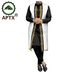 APTX African Clothes for Men Traditional Suit Long Set Jacquard 3 Pieces Solid Shirt Full Pants and Outfit for Wedding T2016020