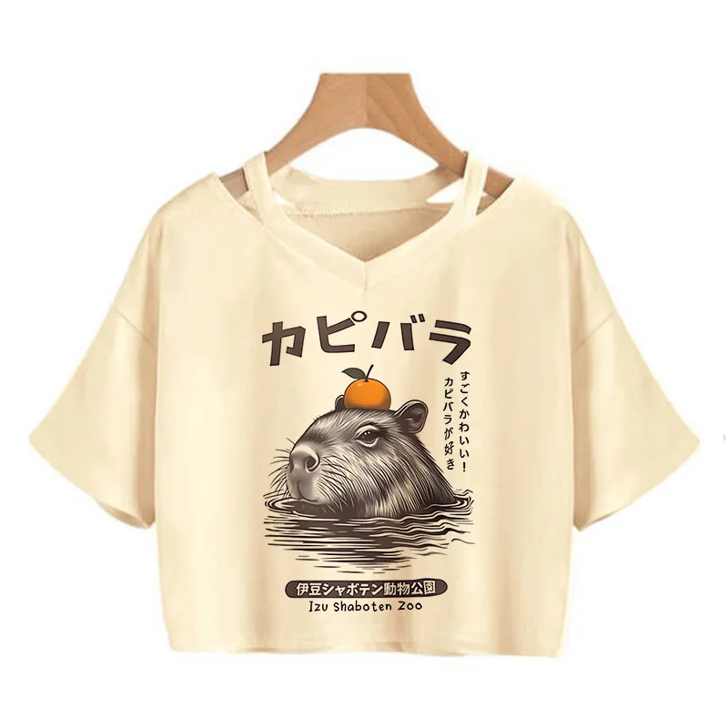 Women Capybara Crop Tops Capibara Cartoon Manga Kawaii Tee Shirt Funny Fashion Cropped Harajuku Graphic 2000s Y2k Tshirt Female