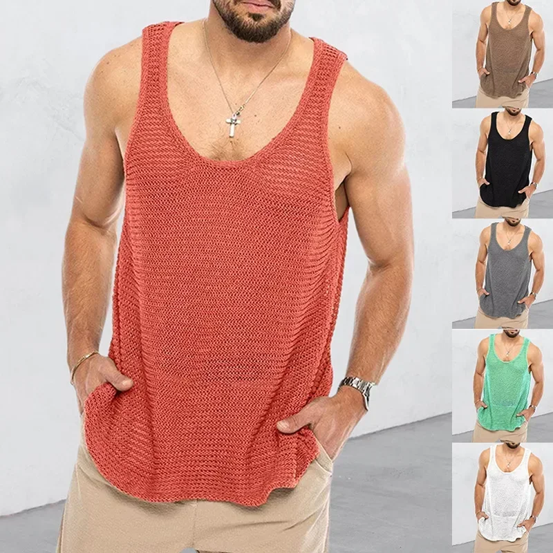 Mens Sweater Vest Summer Loose Sleeveless Knitted Tank Top Summer Loose Sportswear Tops Boys Bodybuilding Fitness Tees Plus Size