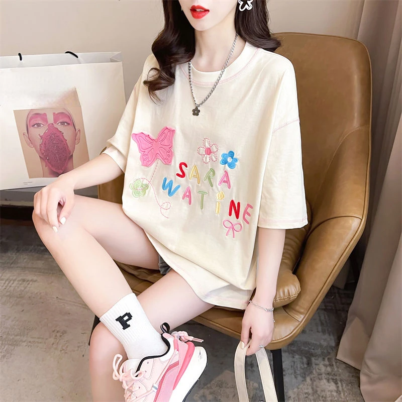 

DAYIFUN Letter Embroidery T-shirt Women Stitch Loose Short Sleeve Tees Summer Streetwear Casual Round Neck Half-Sleeved Top Lady