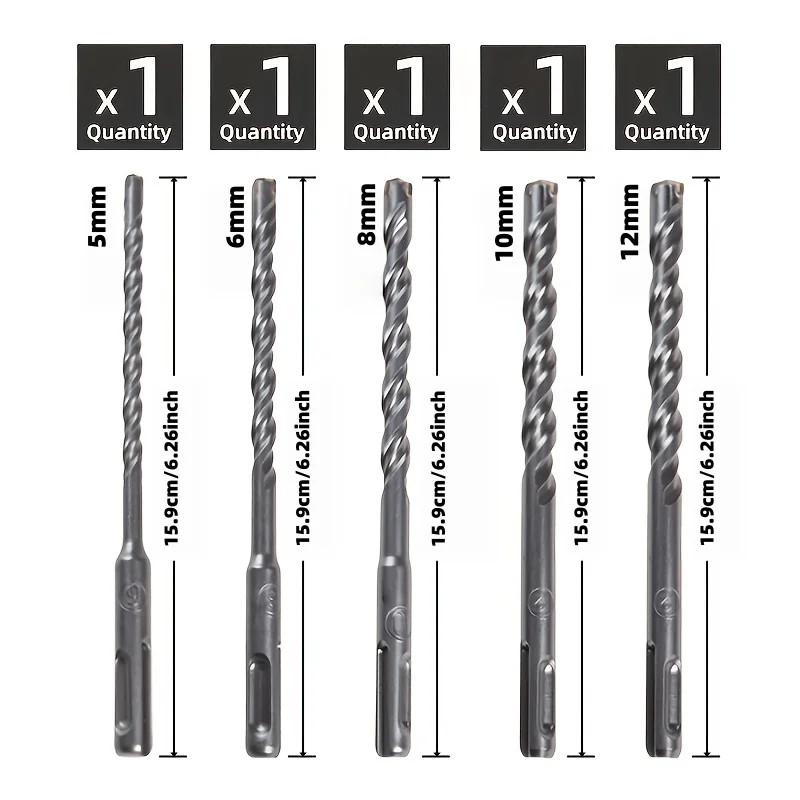 5Pcs SDS Plus Masonry Drill Bit Set, 4-Cutter Carbide Tip, 5/6/8/10/12mm, 159mm for Concrete Brick Stone