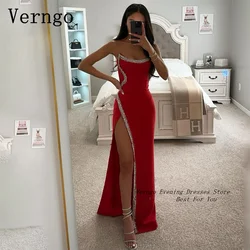 Verngo Red Crepe Crystal Prom Gown Strapless Mermaid Party Dress For Women Sexy Side Slit Evening Dress Outfit