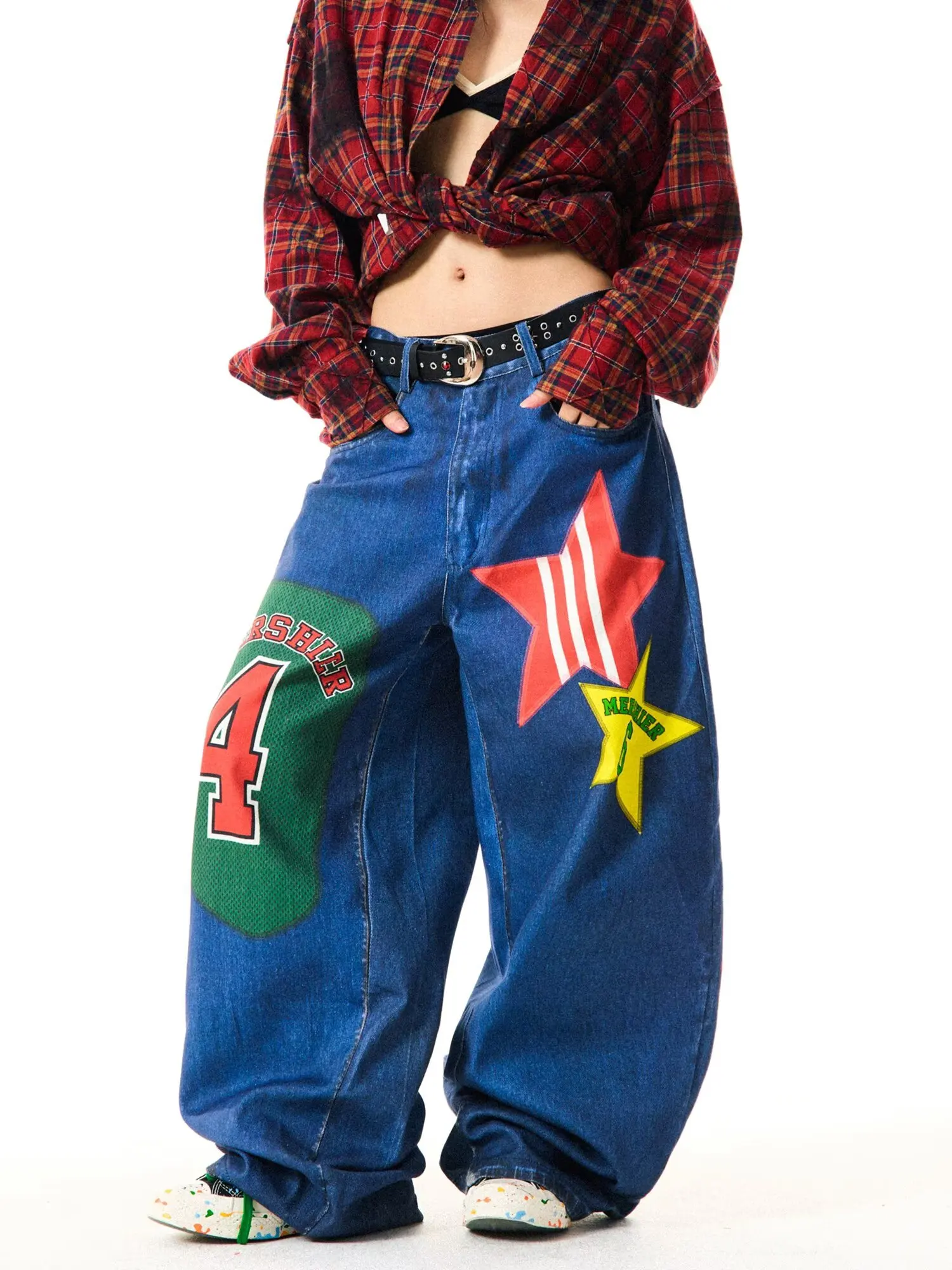 Pantalones vaqueros con estampado de parches de contraste Retro para mujer, Pantalones rectos americanos de Spice Girl, pantalones de pierna ancha de baile callejero coreano 2025