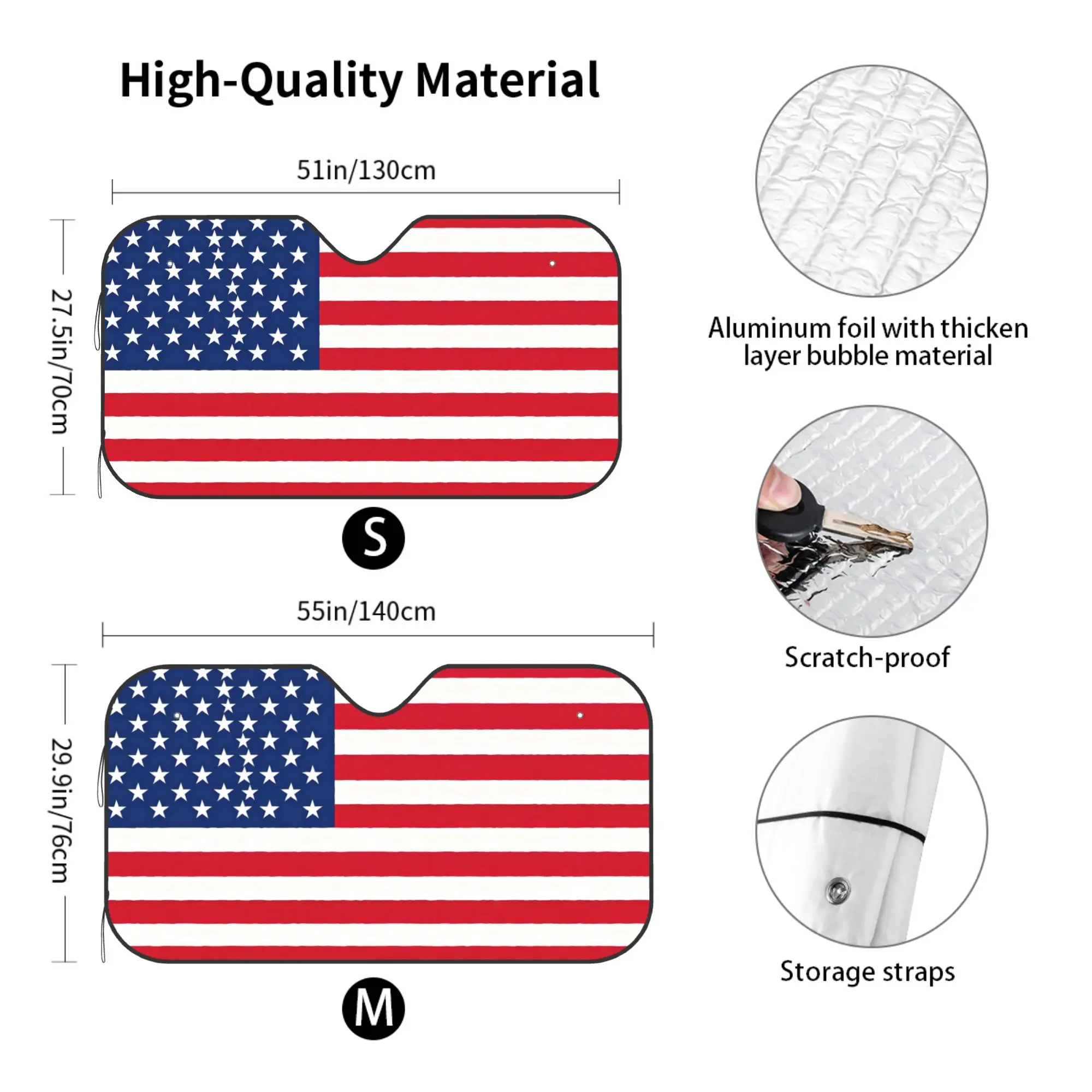 USA Flag Car Windshield Sun Shade, Reflective Aluminum Foil Heat Insulator UV Protector, Portable Foldable Sun Visor