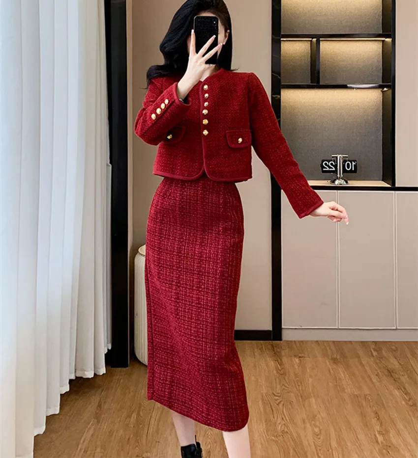 New Year Red Tweed Party Two Piece Set Elegant Women Gold Single Breasted Short Jacket Coat + Long Wool Bodycon Midi Skirt Suits