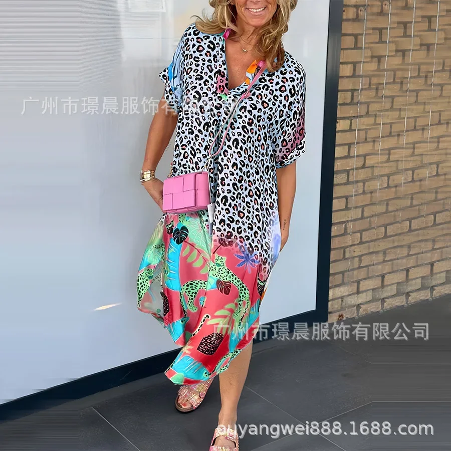 فستان فضفاض مطبوع على الموضة لربيع وصيف 2025 للسيدات في شارع العليا ورقبة على شكل حرف V ومطبوع للكاحل #5