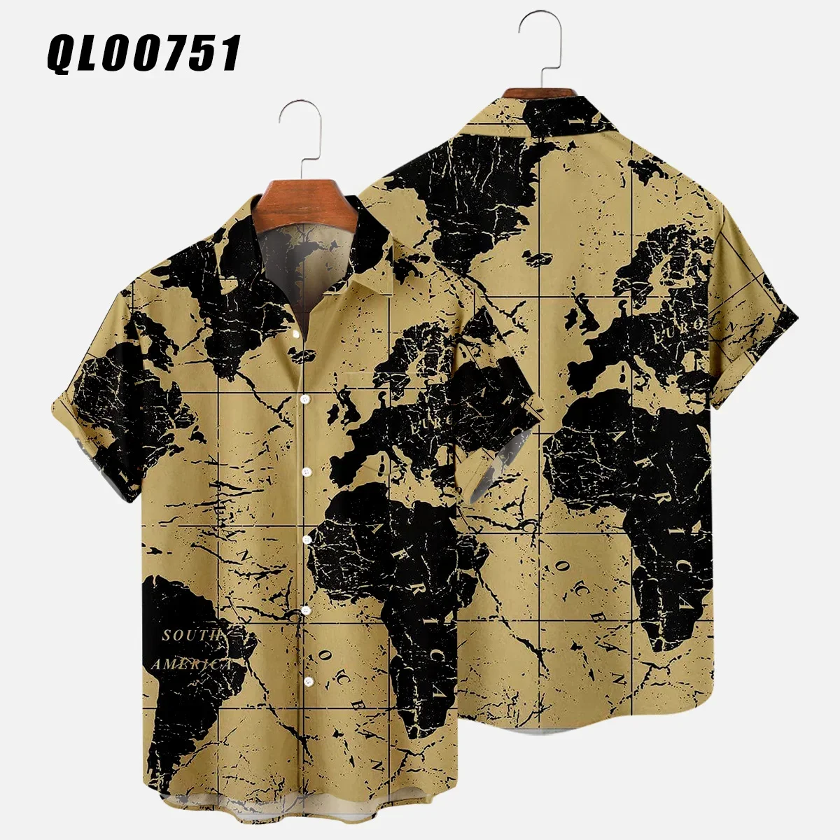 Camisa havaiana estampada em mapas masculina e feminina, camisa casual de lapela vocacional, blusa de praia verão, 3D