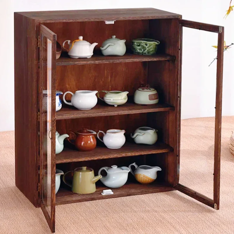 

Desktop Tea Set Storage Shelf, Dustproof Glass Cosmetics Display Cabinet, Solid Wood Charcoal Baking Process, Insect Prevention