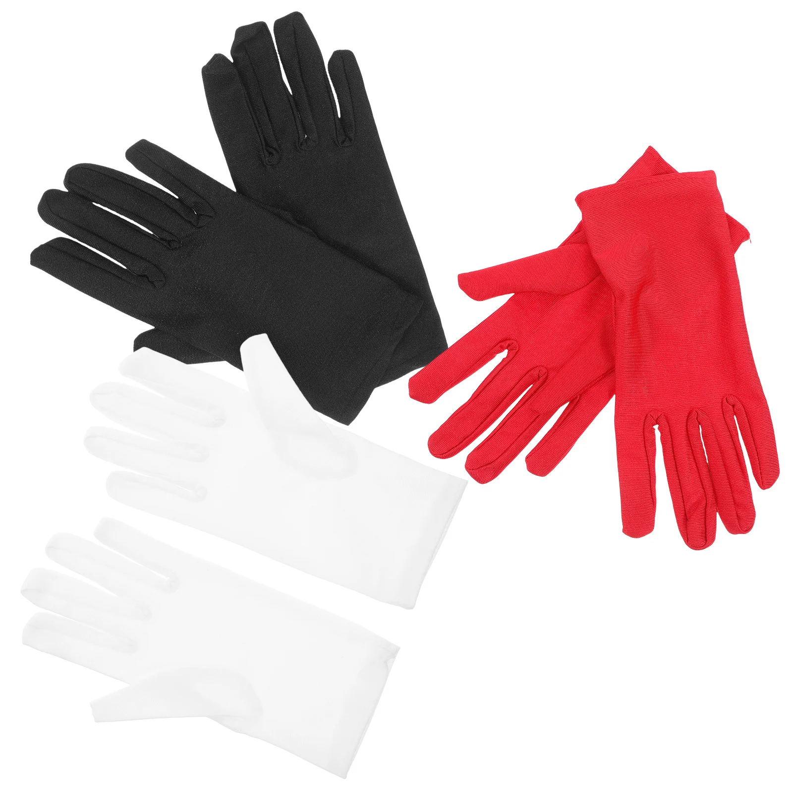 3 Paar elastische Schmuck-Inspektionshandschuhe, dehnbar, Spandex, bequeme Passform für Etikette, Fotografie, Service, Weiß, Schwarz, Rot