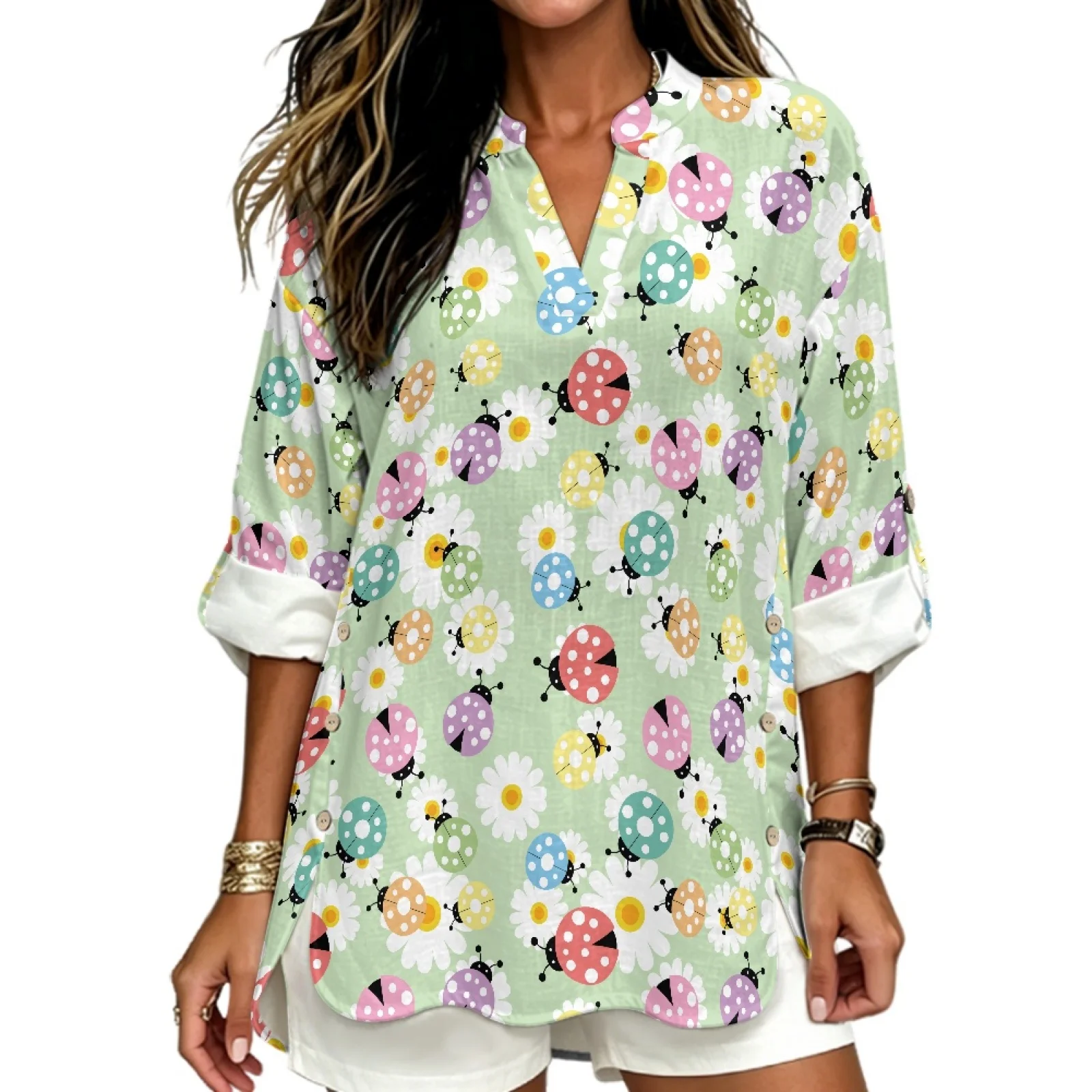 PENSTROLL Ladybug Daisy Loose Layering Blouse for Vacation Linen Style Light Cover Up, Sizes S-5XL Rolled Cuffed for Work