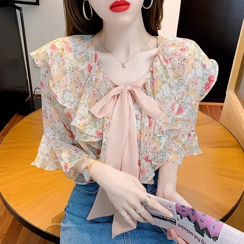 Floral Printed Summer Blouses Women 2024 Korean Fashion Short Sleeve Blusas Vintage Bow Neck ruffles Chiffon Tops y2k Shirts