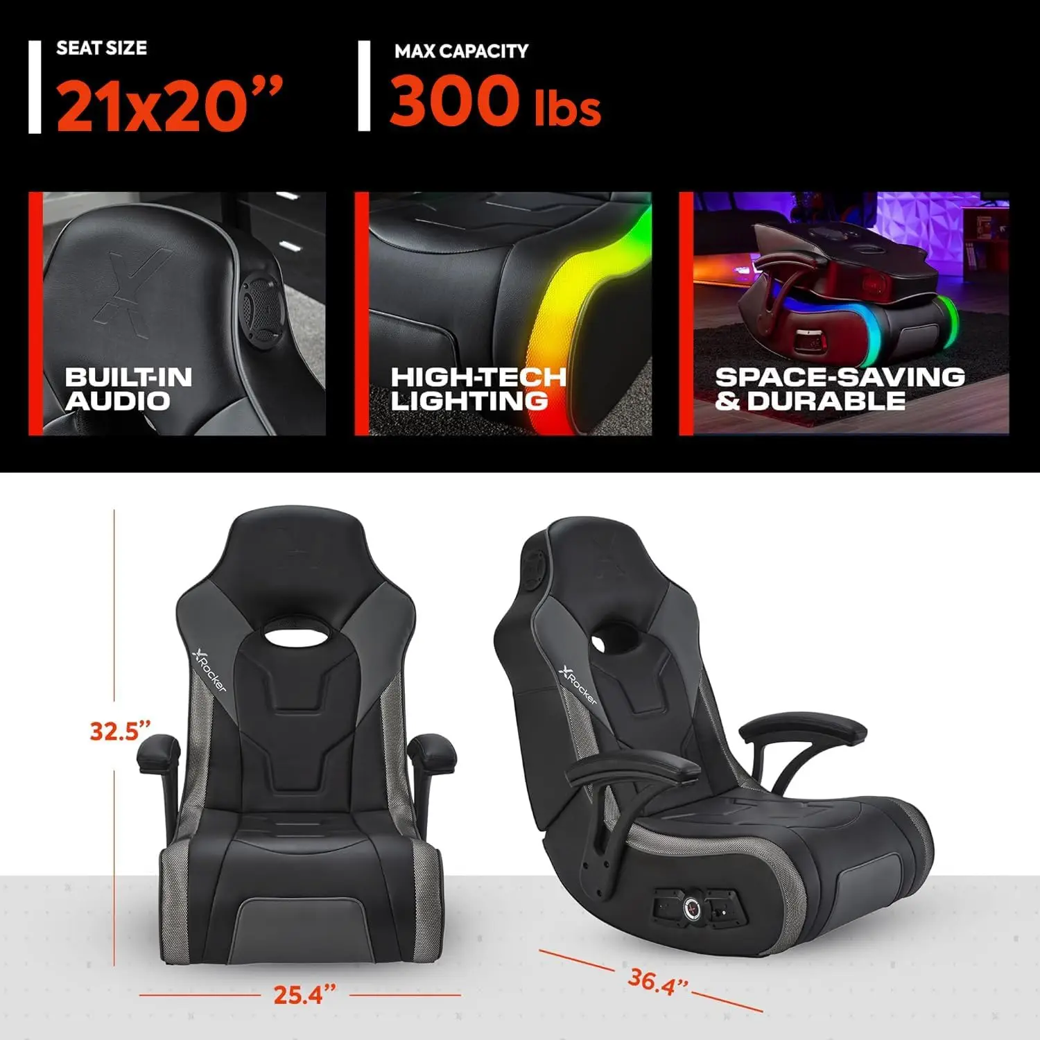 Video Gaming Floor Rocker Chair, Built-in Audio, College Dorm Essentials for Guys and Girls, Bedroom, Foldable, Gifts for Gamers view 2