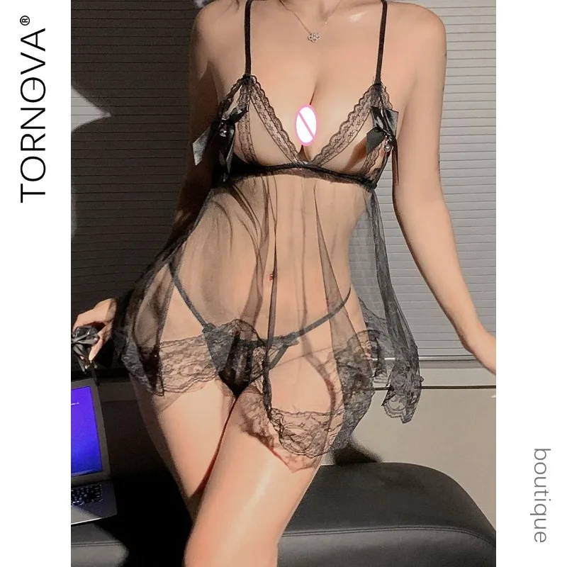

Tornova Sexy Women See-through Lace Hollow Out Backless Interesting Pajamas Slim High Waisted Bow Knot Lace Up Sexy Pajamas Set
