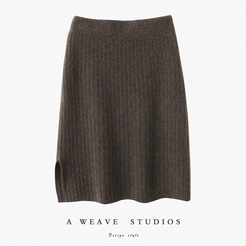 Women's Knitted Skirt 100% Merino Wool Sheath Skirt Solid Color Autumn/Winter Fashion Vertical Strip Wrap Hip Skirt Split Skirt