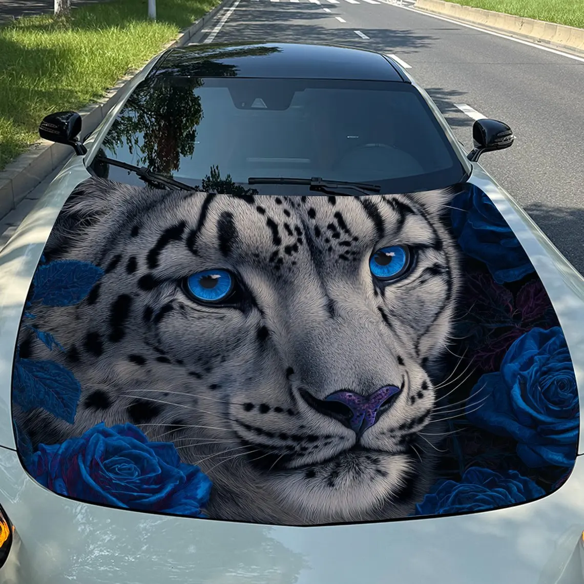 

Car Decals Snow Leopard with Blue Eyes and Blue Roses Car Hood Sticker, Waterproof Self - Adhesive Vinyl Graphics Decals, Decora