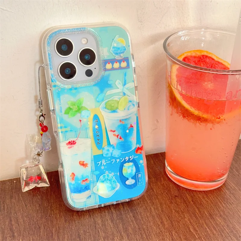 الليمون الصودا البوب الجليد بارد منعش ذهبية الفن جراب هاتف آيفون 16 15 14 13 برو ماكس حافظة لطيف الحلو الفاخرة الكرتون غطاء