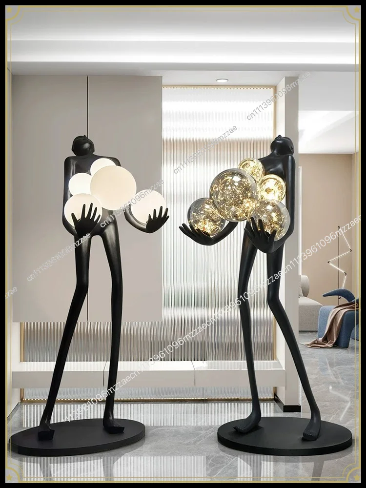 Humanoid Floor Lamp with Long Arm Ball Design, Sculpture Statue Standing Light for Living Room, Art Exhibition Hall Ornament