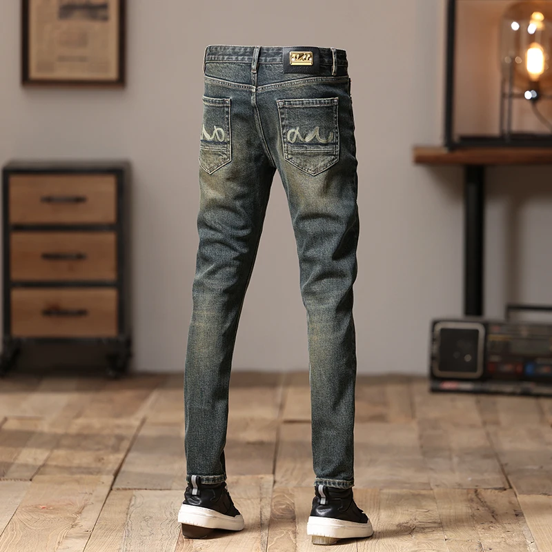 Celana jins ketat pria, celana jins ketat untuk pesta jalanan, celana bordir trendi, celana Skinny lurus modis, Retro Distressed musim gugur dan musim dingin