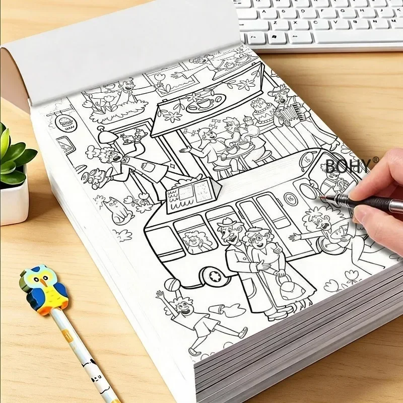 Drawing Lines and Coloring, 1 Adult Immersive Large Scene Decompression Coloring Album, Pass Leisure Time, Creative Art Gifts