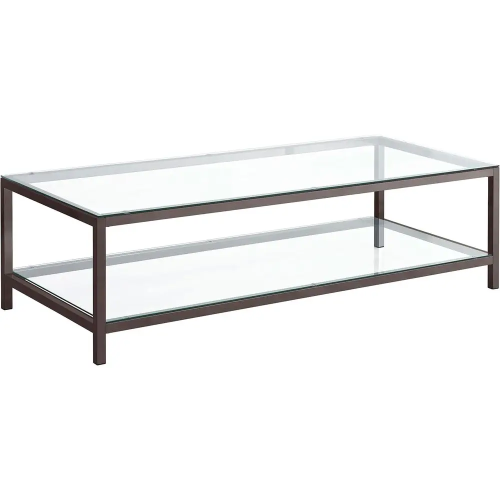 

Modern Coffee Table with Metal Frame, Clear Glass Top, and Lower Shelf - 57-Inch, Black Nickel Finish