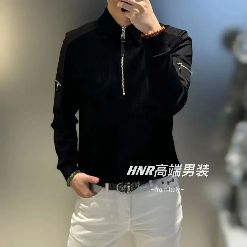 European Fashion Half-zip Lapel Long-sleeved Sweatshirt for Men Autumn Casual Pullover Solid Color Tops