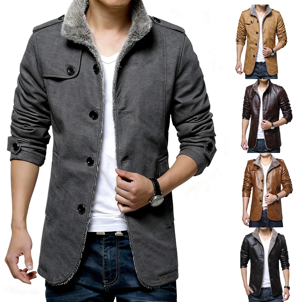 

2025 New Men Imitation Leather Jackets Plush Winter Coat Single-breasted Casual Outerwear